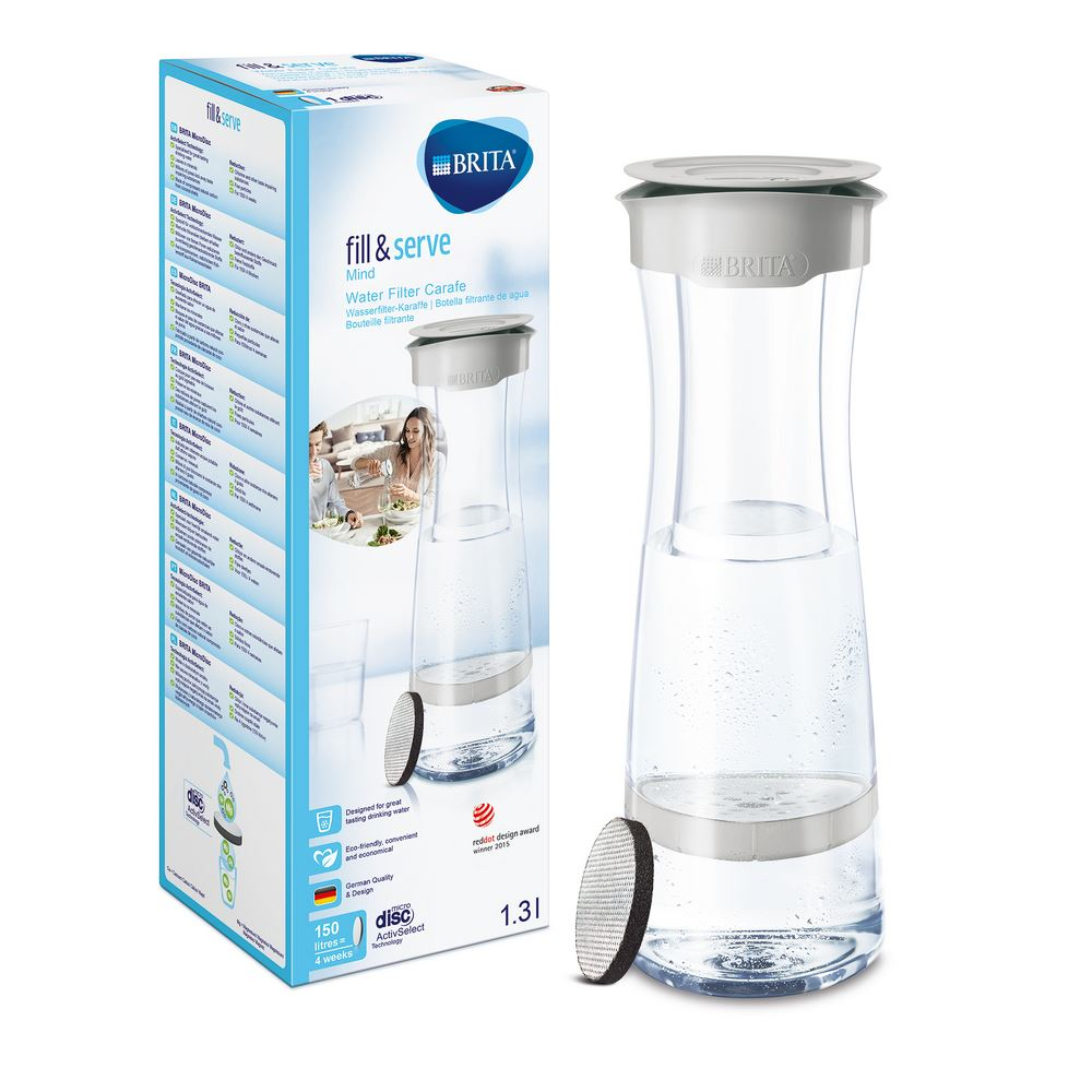 A water filter carafe with a box. A woman is in a photo on the box.