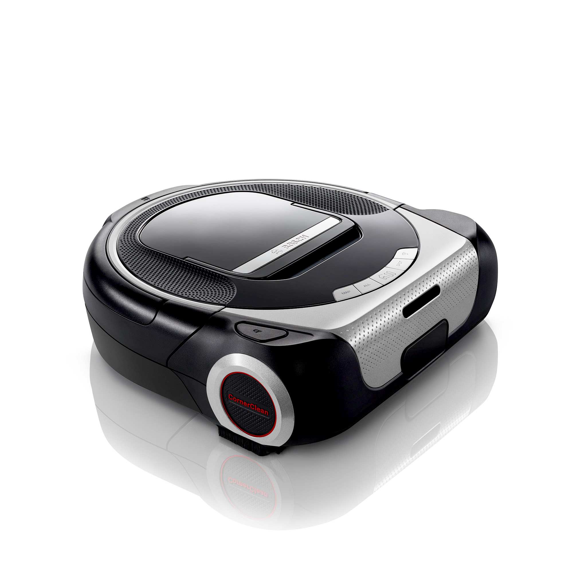 Ein schwarzer und silberner Roboter-Staubsauger auf einer weißen Oberfläche. Er hat Knöpfe und ein Design, das auf fortschrittliche Technologie hindeutet.