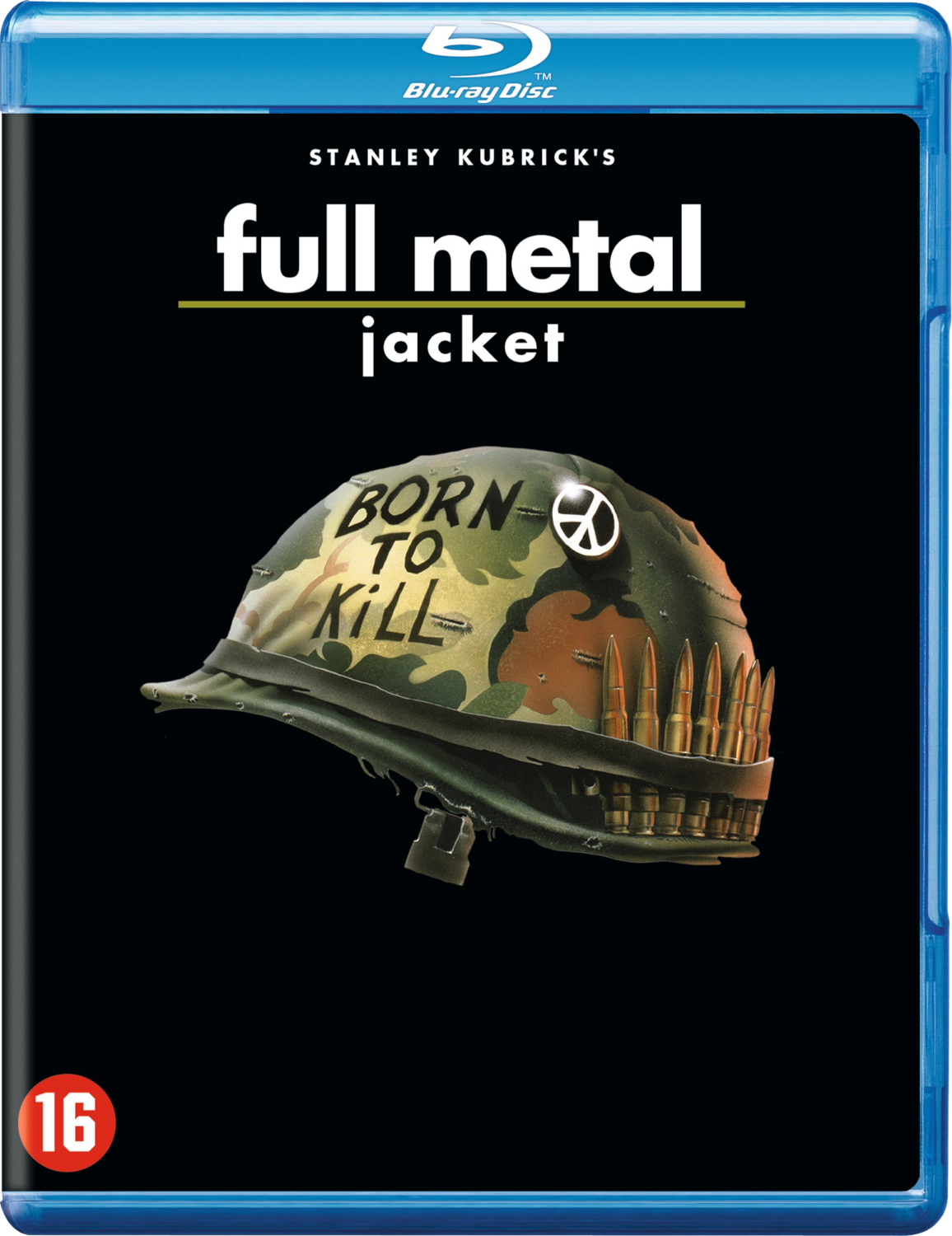 Couverture Blu-ray de 'Full Metal Jacket', un casque avec 'Born to Kill' et des balles.