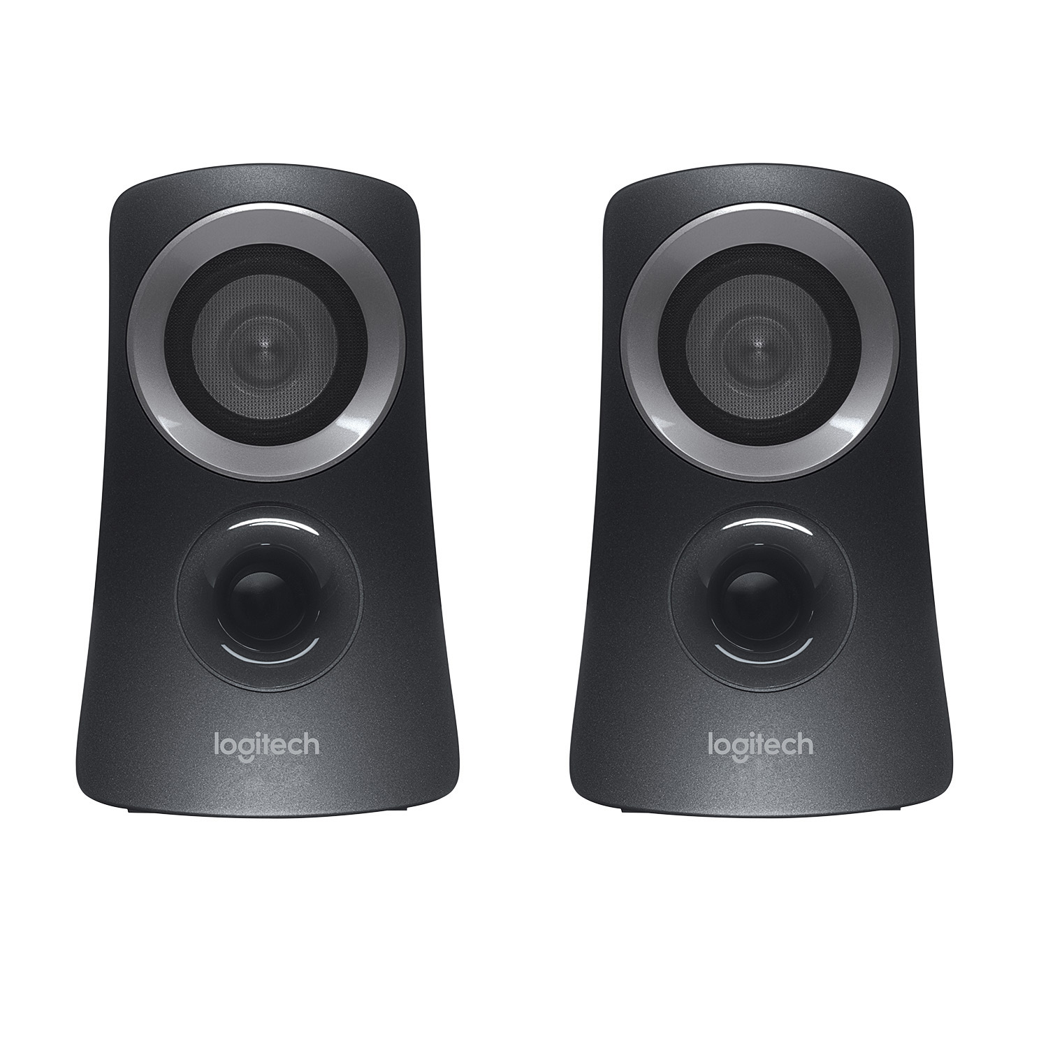 Zwei schwarze Logitech-Computerlautsprecher mit schlichtem, modernem Design.