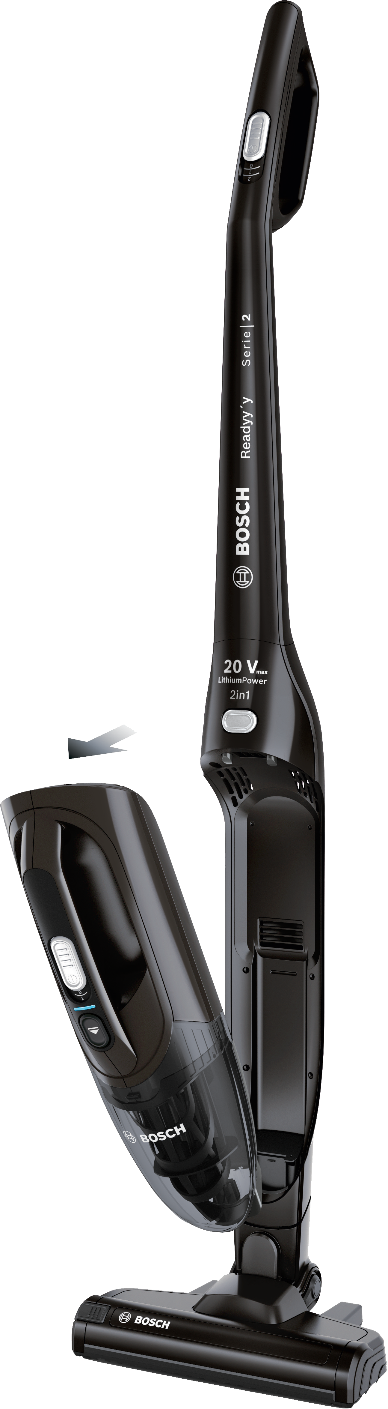 A black vacuum cleaner. It has a detachable handheld vacuum. White background.