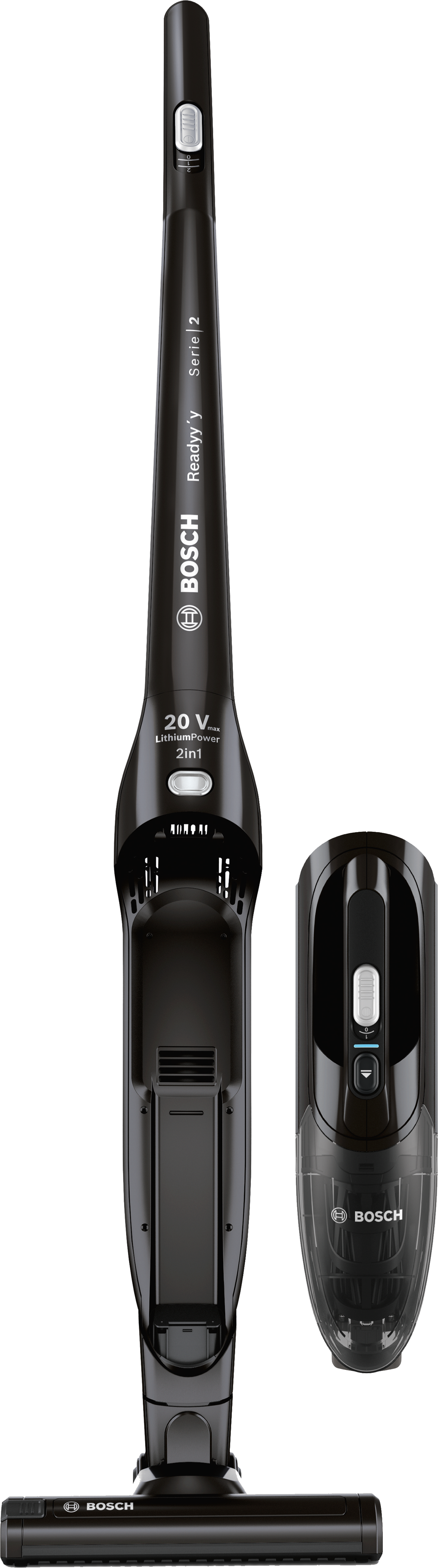 Black and dark gray cordless vacuum cleaner, vertical, with a long handle.
