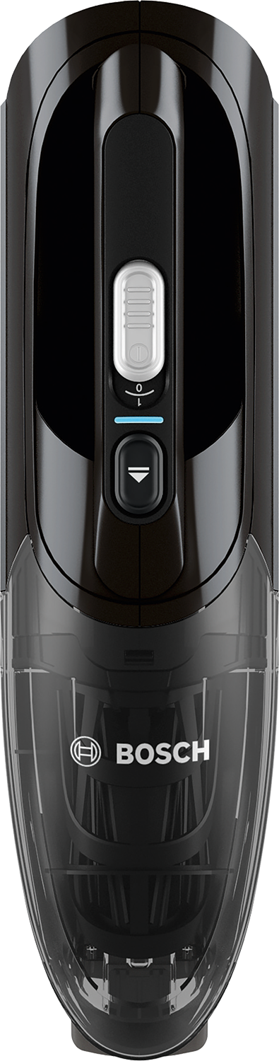 Black vacuum cleaner with a transparent dust compartment. The Bosch logo is visible.