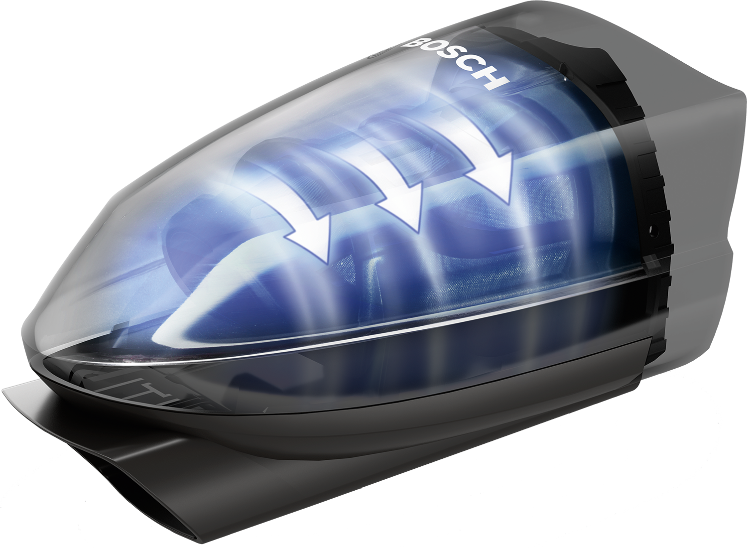 Vacuum cleaner with arrows showing air flow through its transparent section.