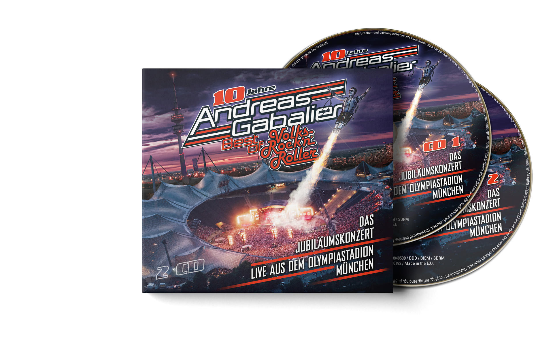 CD-Hülle und CDs mit dem Andreas Gabalier Albumcover, das eine Konzertszenen zeigt.