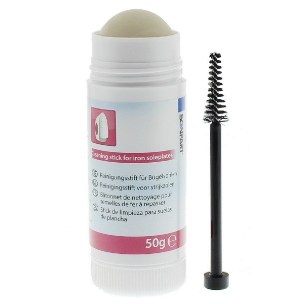 Un bastoncillo de limpieza para suelas de plancha y un cepillo pequeño. El texto dice 'cleaning stick'.