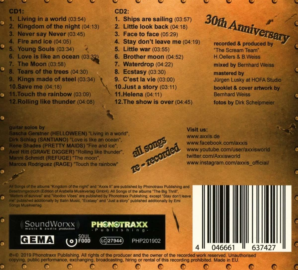 CD-Cover mit Titelliste, Text und Logo des Albums 'Axxis'.