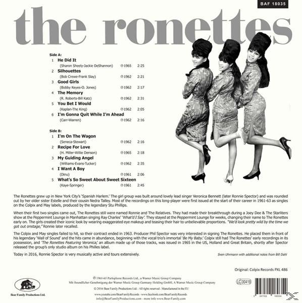 A The Ronettes zenei album hátoldala dalszámlistával és három retro stílusú nővel.