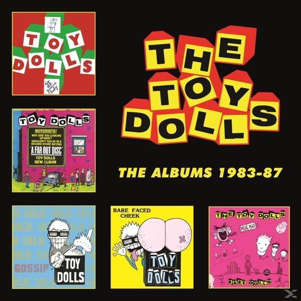 A The Toy Dolls album borítói. Különféle borítók szöveggel és rajzfilmszerű illusztrációkkal, piros, sárga és zöld.