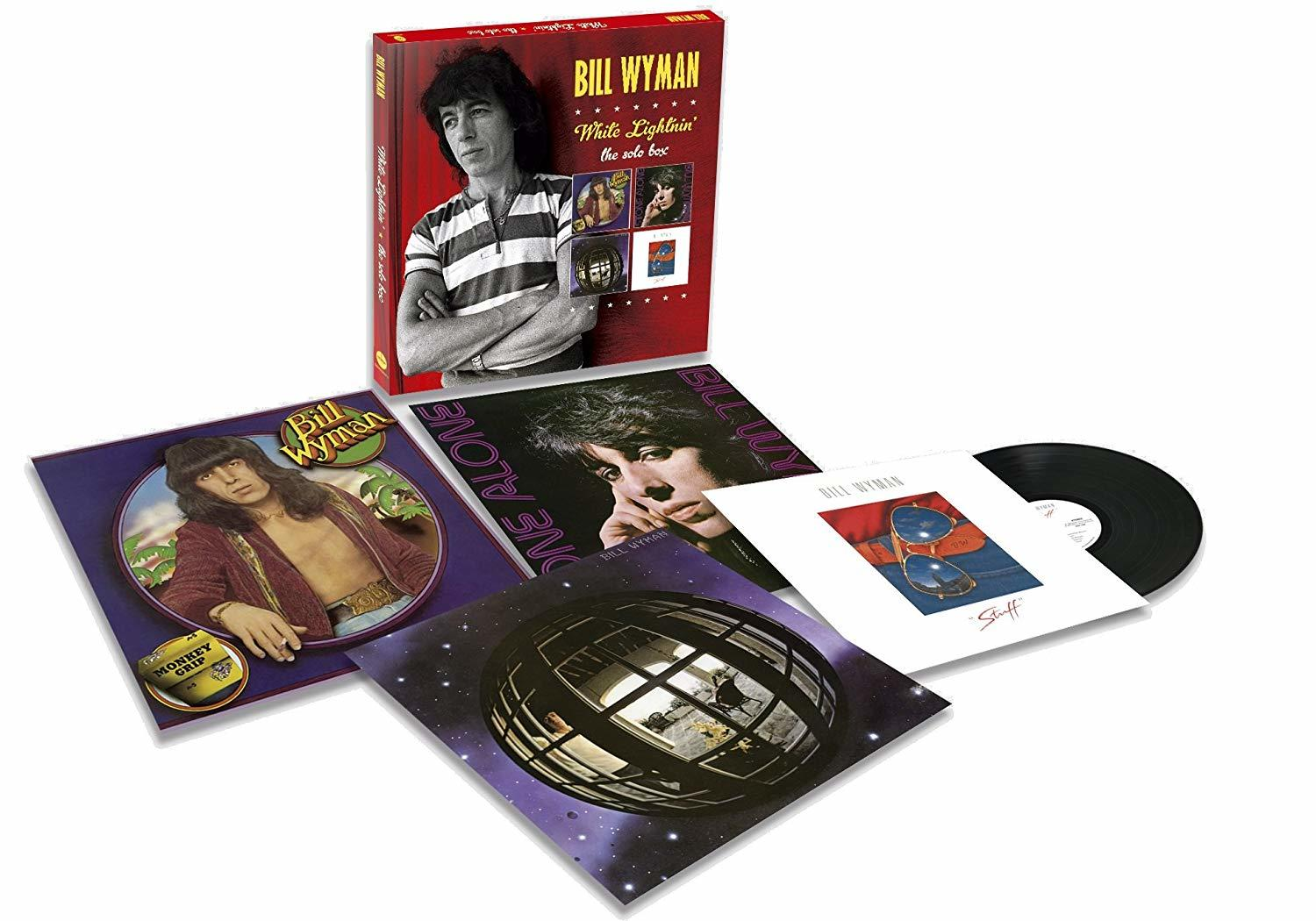 Box-Set mit Bill Wyman-Alben. Alben enthalten Fotos von Wyman und Album-Cover. Rote Box mit Text.
