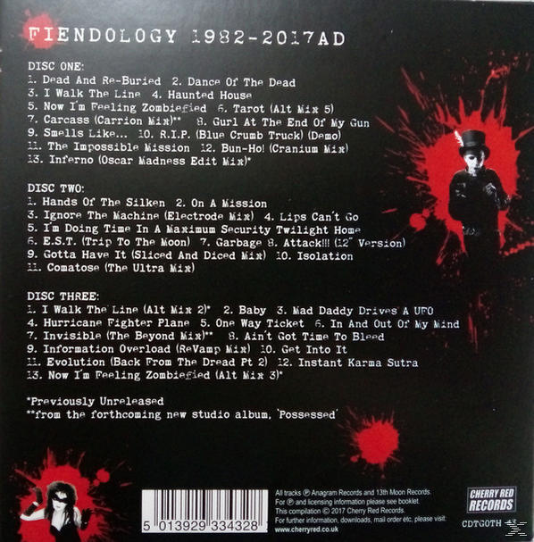 CD mit Titelliste und einem Bild einer Figur mit Hut und roten Blutspritzern.