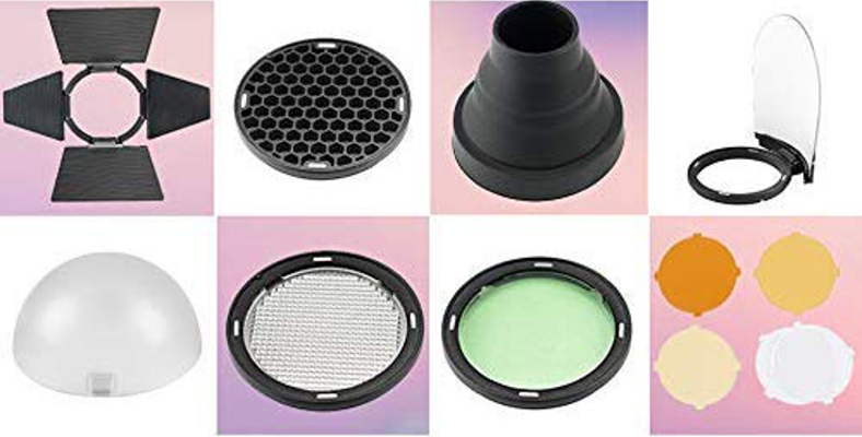 Collection d'accessoires photo : coupe-flux, nid d'abeilles, snoot, réflecteur, dôme, grille, filtre vert et filtres colorés.