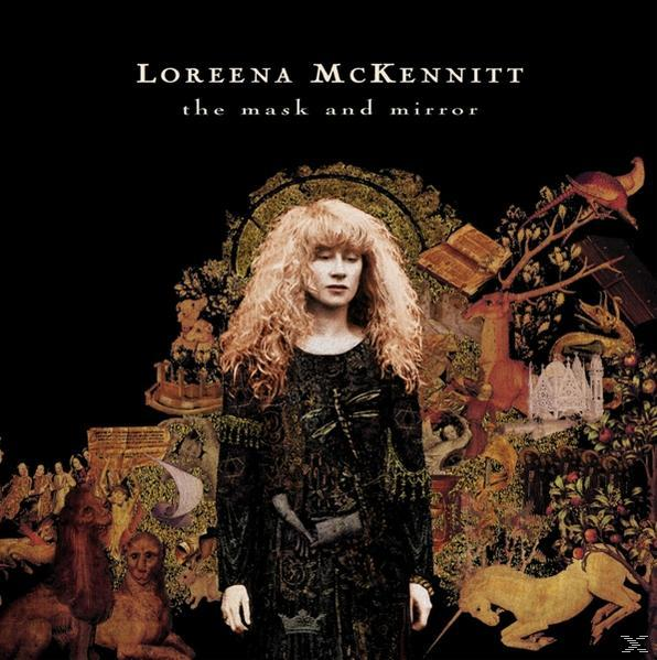 Albumborító. Nő vörös hajjal, fekete ruhában. Szöveg: Loreena McKennitt, the mask and mirror.