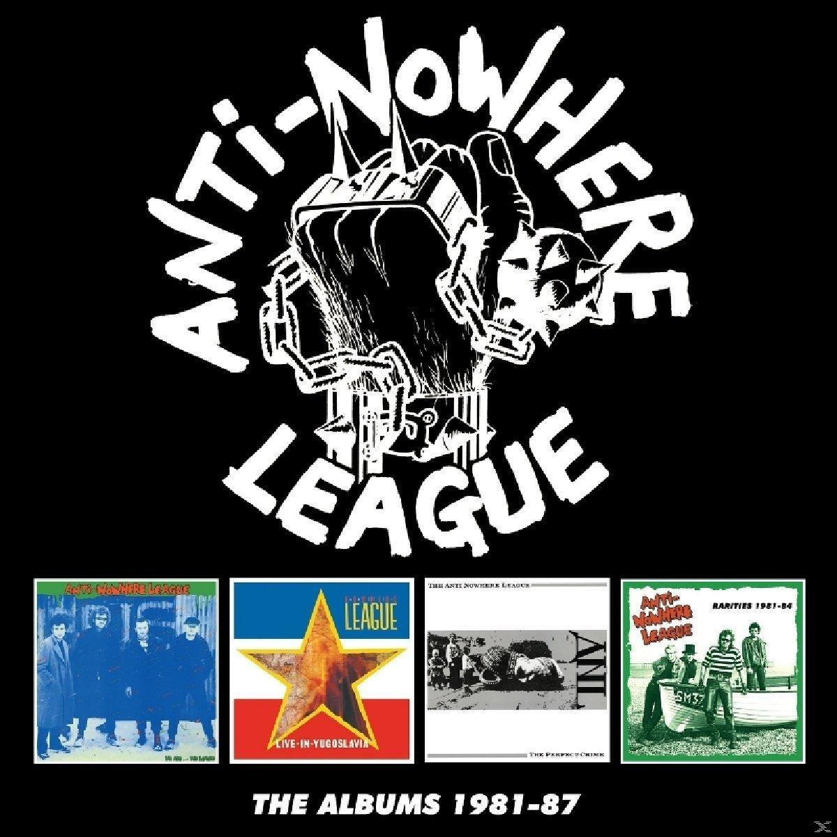 Albumcover: Anti-Nowhere League. Eine Faust mit einem Totenkopf, verschiedene Albumcover unten.