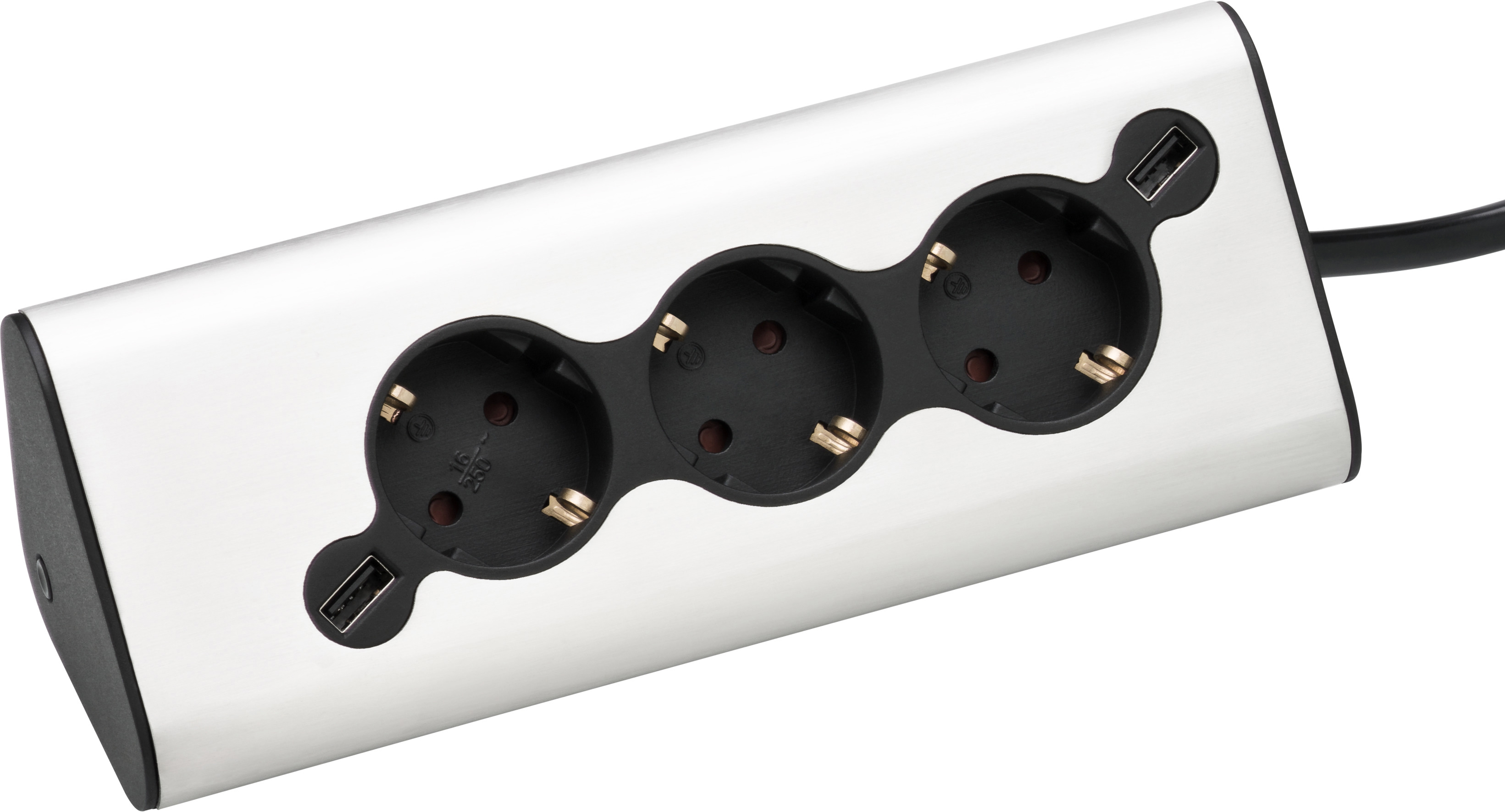 Silberne Steckdosenleiste mit drei Steckdosen und zwei USB-Anschlüssen. Schwarze Endkappen und weißer Hintergrund.