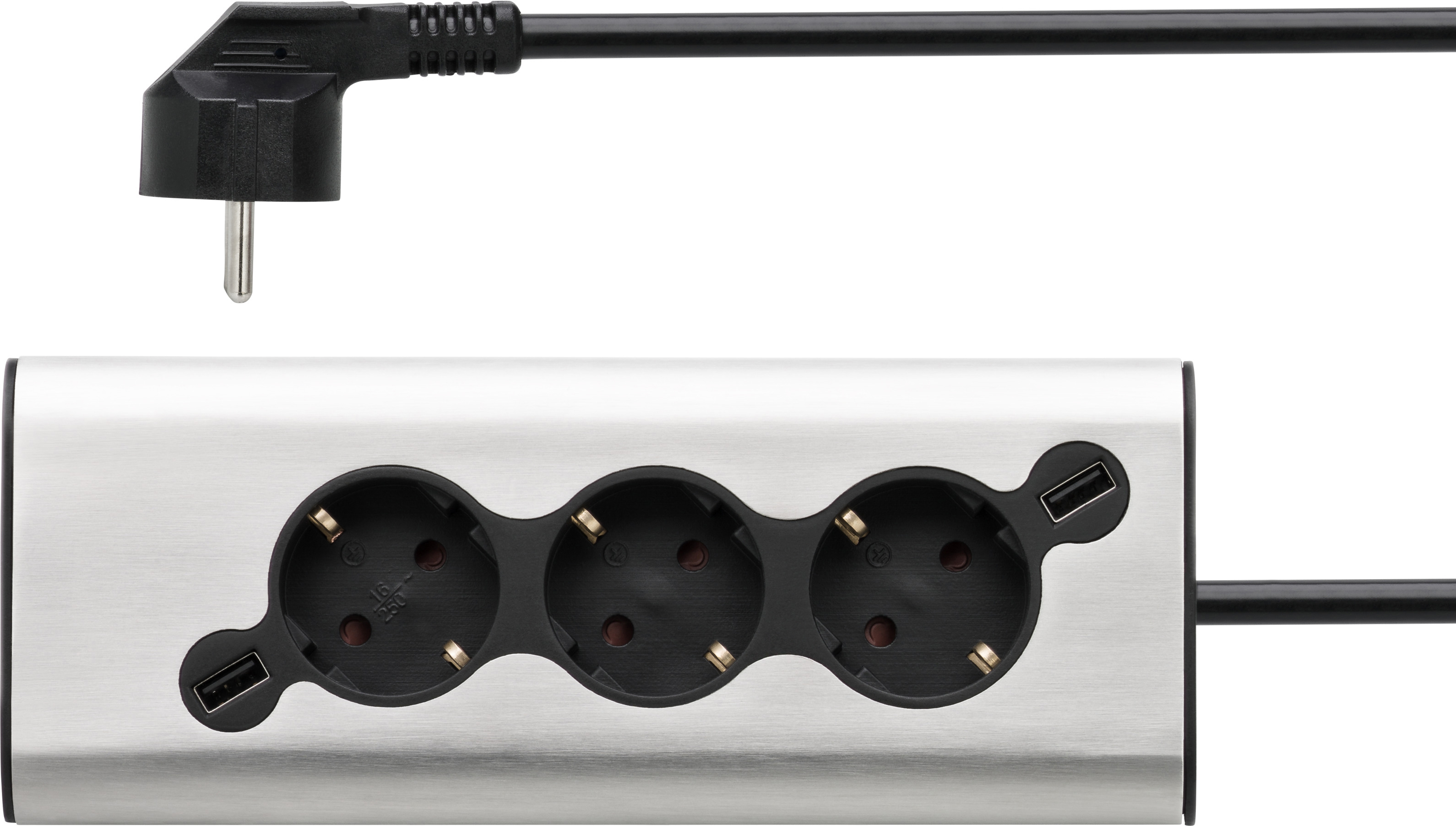 Silberne Steckdosenleiste mit drei Steckdosen und zwei USB-Anschlüssen, schwarzes Kabel.