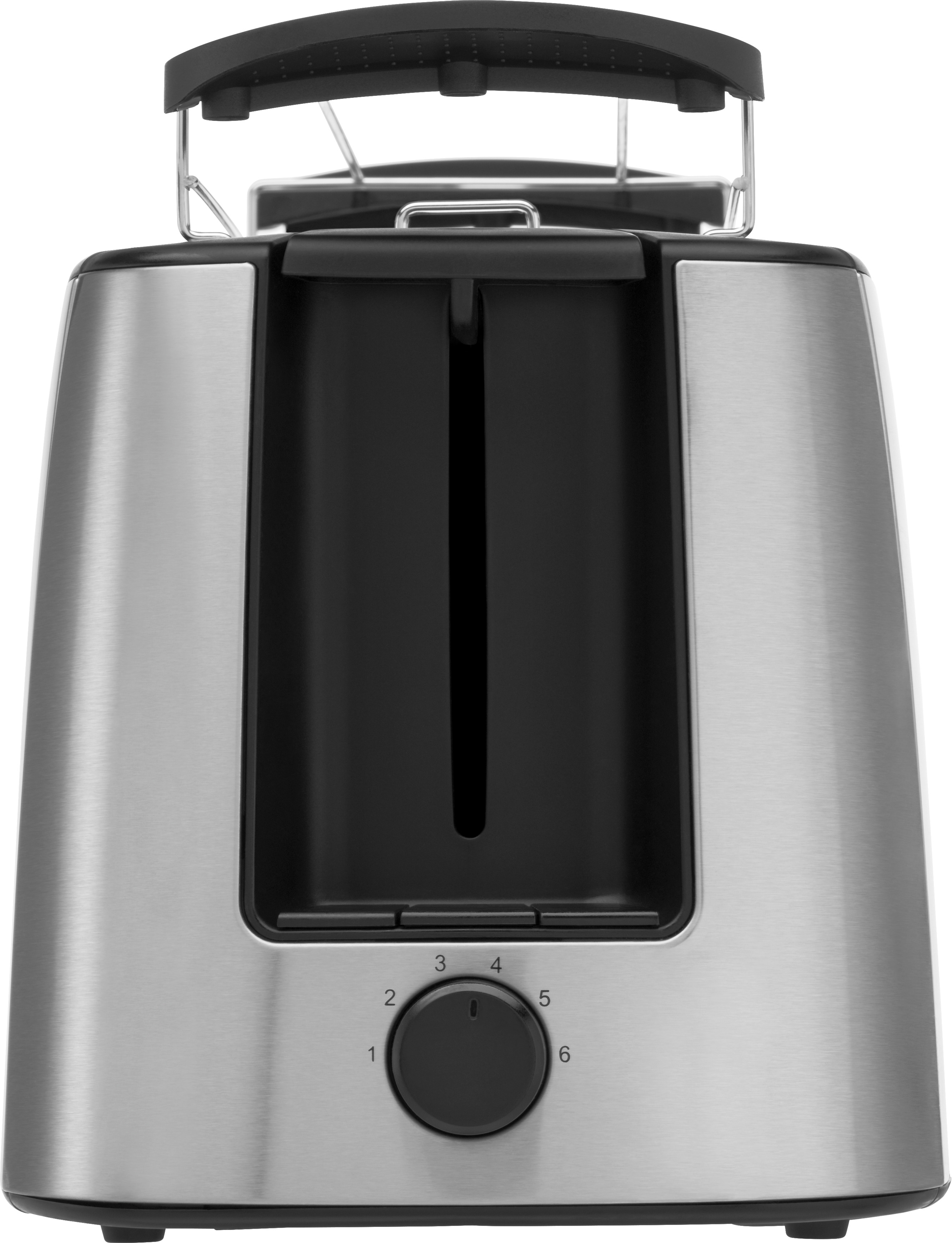 Ein Chrom-Toaster mit Drehknopf, Einstellungen 1-6 und Hebel, vor weißem Hintergrund.