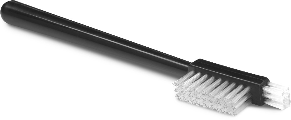 Eine schwarz-weiße Doppel-Zahnbürste mit einem schwarzen Griff.