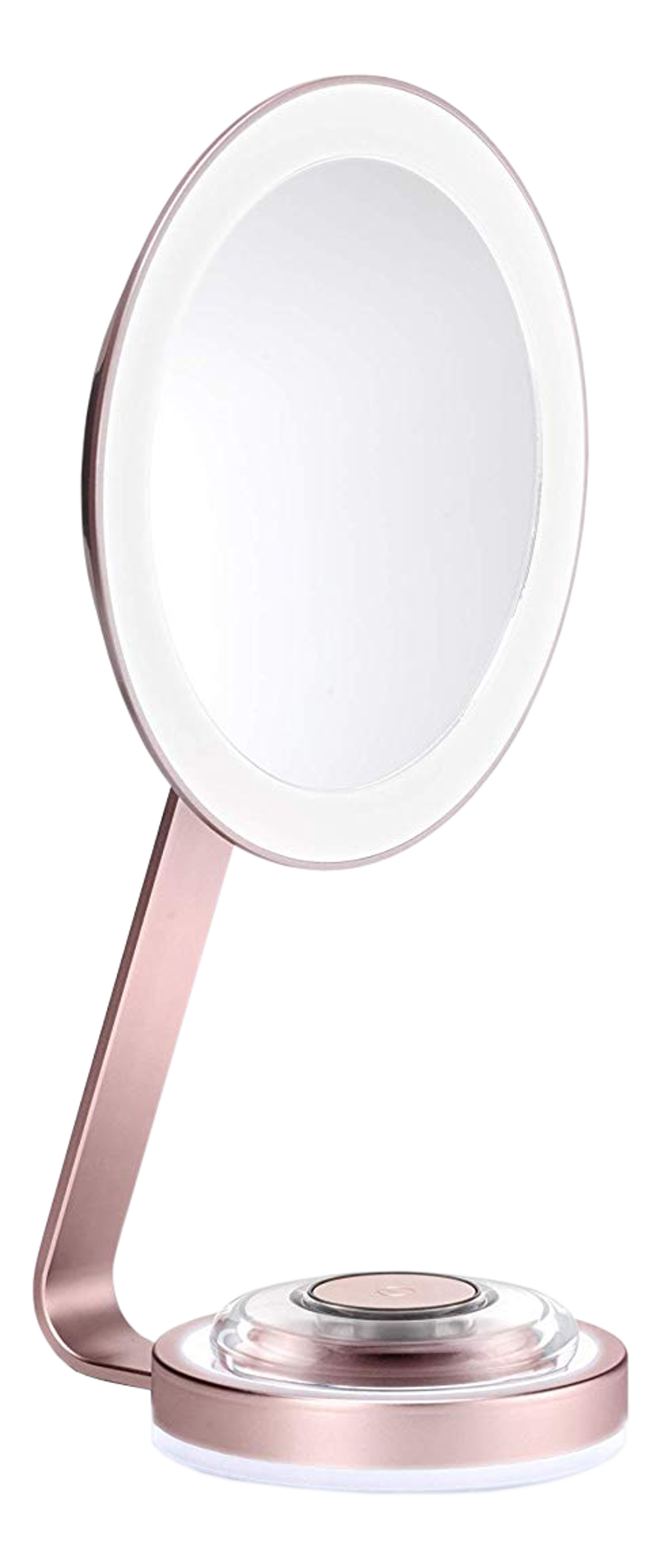 Roségoldener Schminkspiegel mit kreisförmigem Licht. Er hat einen Fuß und einen gebogenen Arm.