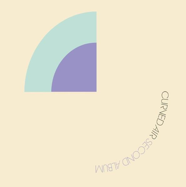 Geometrische Formen in Blau und Lila auf beigem Hintergrund. Text lautet "CURVED AIR SECOND ALBUM".