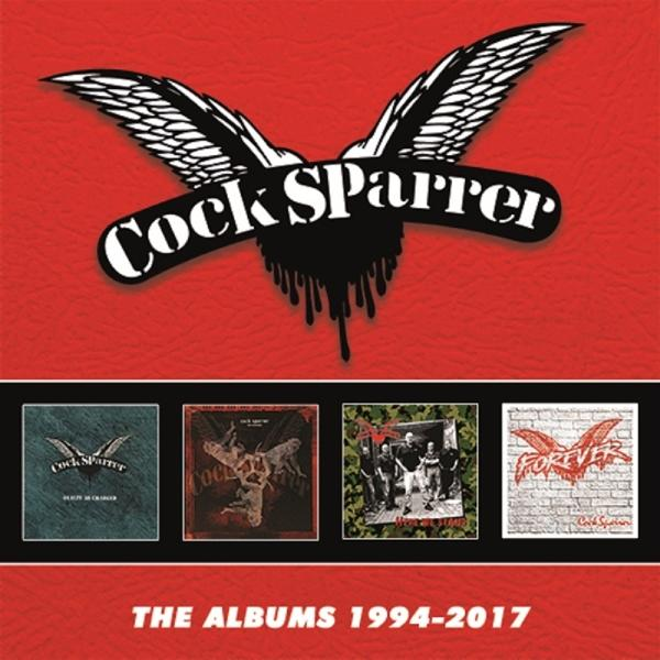Roter Hintergrund mit einem schwarzen Emblem von Flügeln und dem Text: Cock Sparrer. Darunter Albumcover.