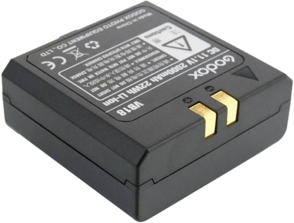 Une batterie noire Godox VB18 Li-ion avec contacts dorés. Elle indique DC 11.1V 2000mAh.