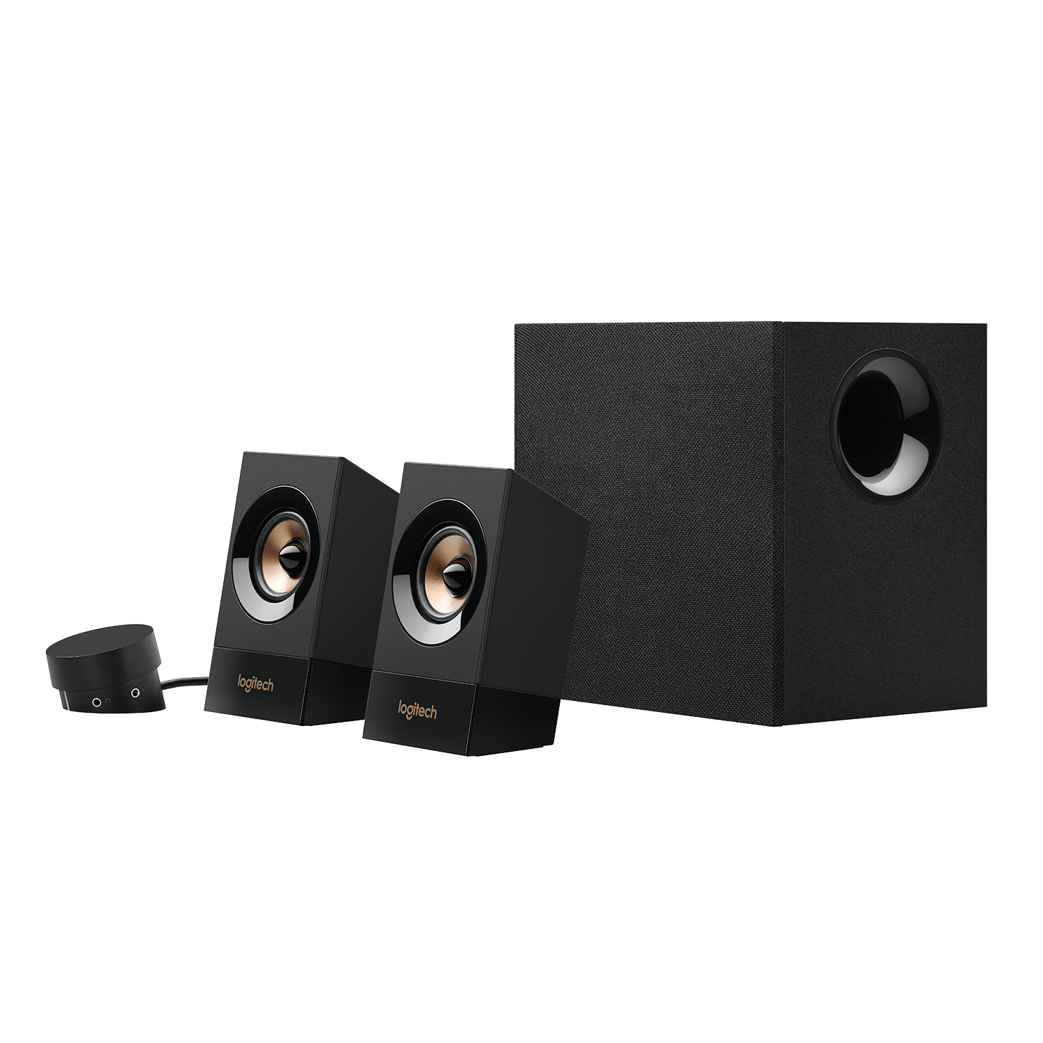 Schwarze Logitech-Lautsprecher und Subwoofer. Zwei Lautsprecher links, Subwoofer rechts.