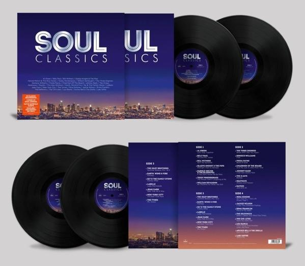 Albumcover mit Vinyl-Schallplatten. Der Titel lautet „SOUL CLASSICS“. Der Hintergrund zeigt eine Skyline.