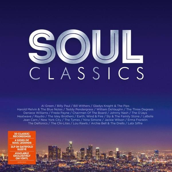 Albumcover mit dem Titel 'SOUL CLASSICS' und verschiedenen Künstlernamen. Eine Stadtlandschaft ist unten.