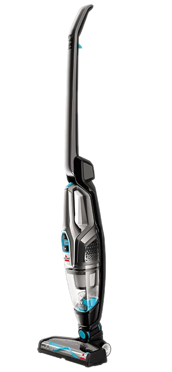 A vertical black and silver cordless vacuum cleaner on a white background.