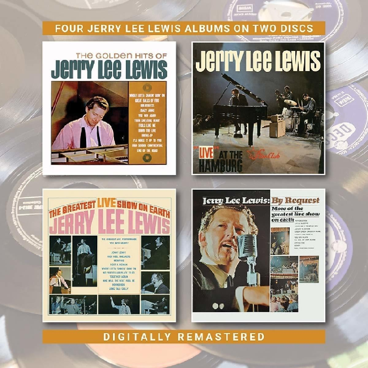 Albumcover von Jerry Lee Lewis. Vier Alben werden angezeigt. Der Text lautet 'Jerry Lee Lewis' und 'Digitally Remastered'.