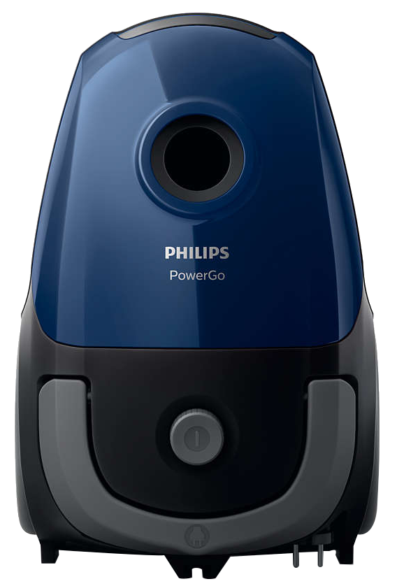 Egy kék-fekete Philips PowerGo porszívó. Van egy fogantyúja, egy tömlőbemenete és egy bekapcsológombja.