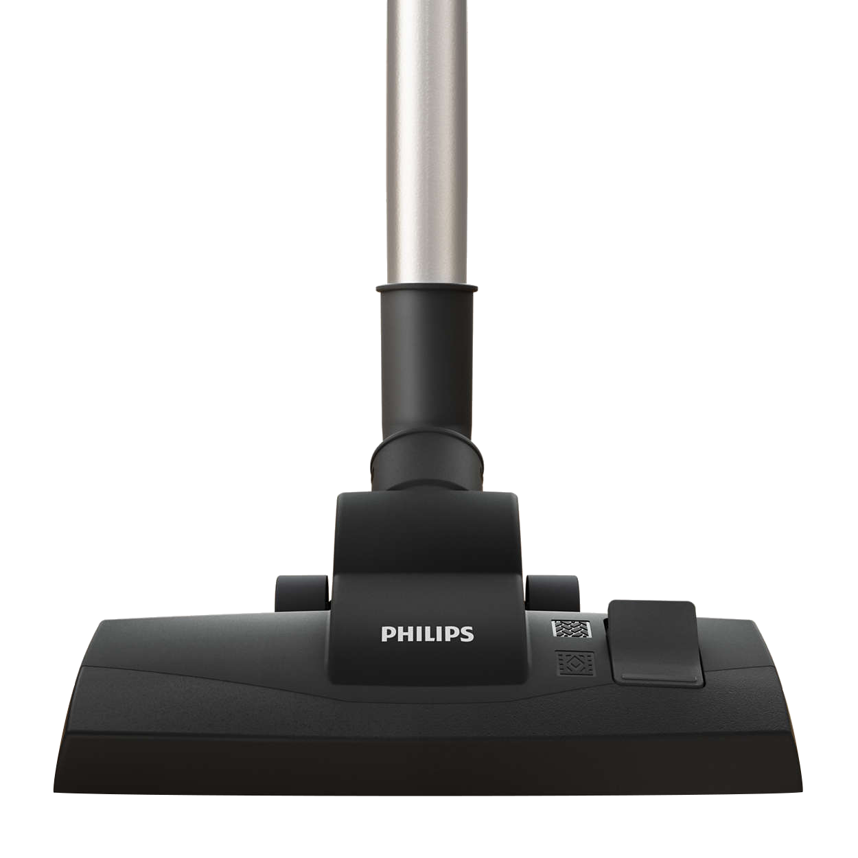 Philips porszívófej fekete alappal és fém fogantyúval, fekete háttér előtt.