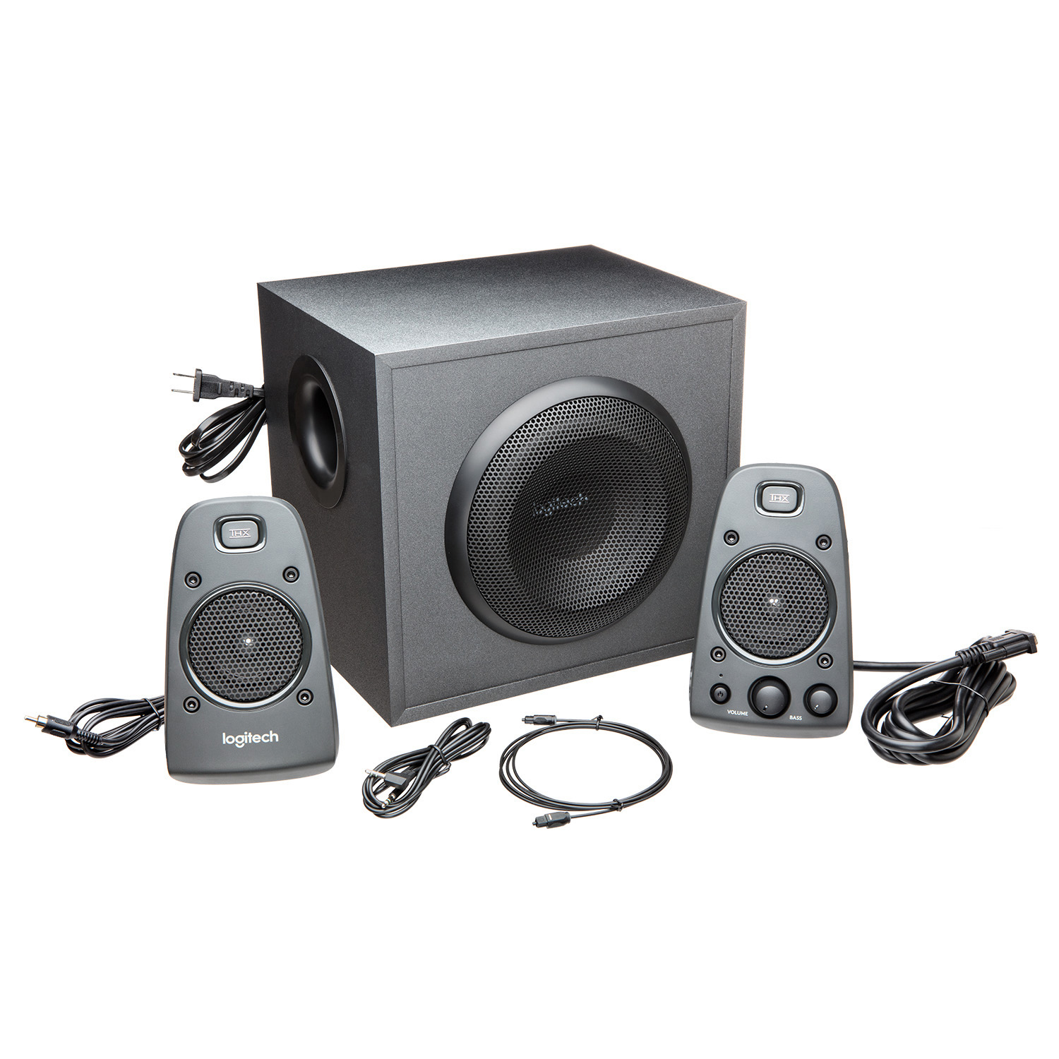 Logitech-Computersystem. Zwei Satellitenlautsprecher und ein Subwoofer.