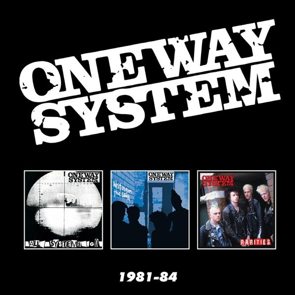Schwarzweiß-Albumcover, das drei Albumcover zeigt. Der Titel lautet "ONE WAY SYSTEM" in Weiß.