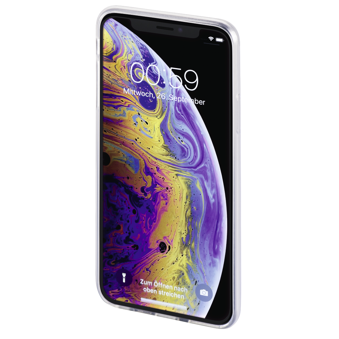 Nahaufnahme eines Smartphone-Bildschirms mit einem farbenfrohen abstrakten Hintergrund und Datum.