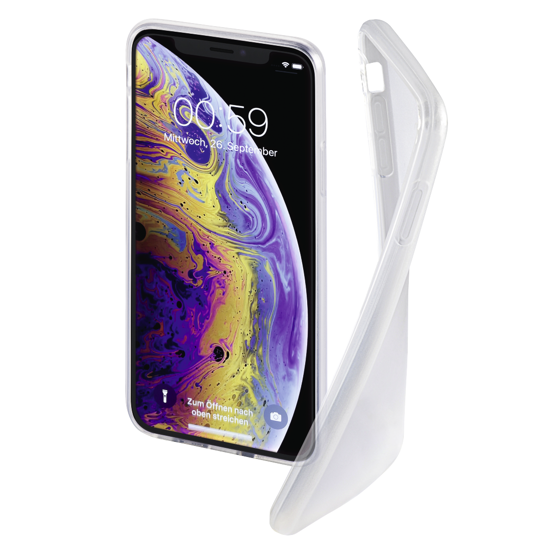 Weißes Telefoncase neben einem Telefon, das einen Sperrbildschirm mit Uhrzeit und Datum anzeigt.