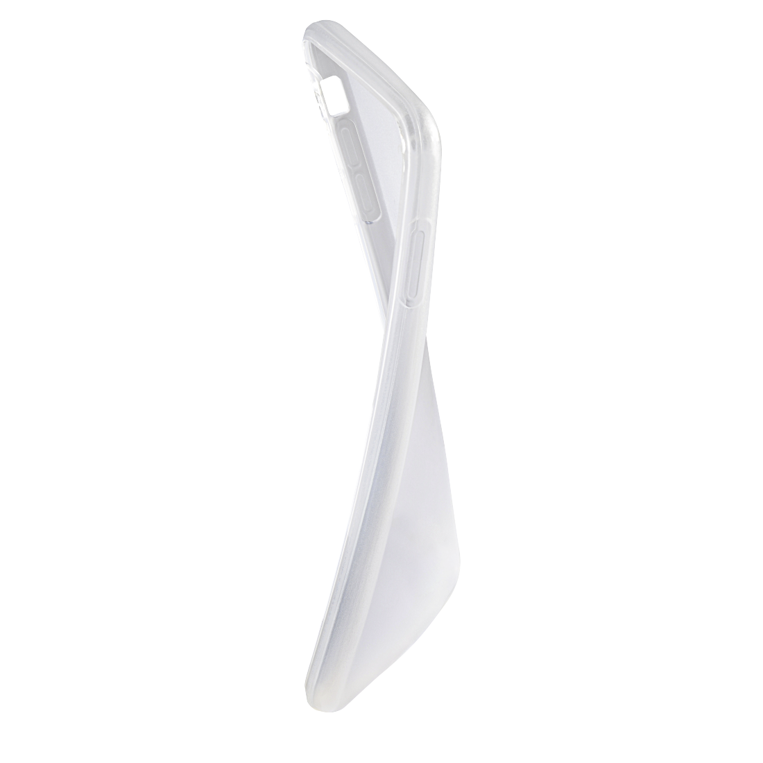 Transparente, flexible Handyhülle, leicht gebogen und isoliert auf schwarzem Hintergrund.