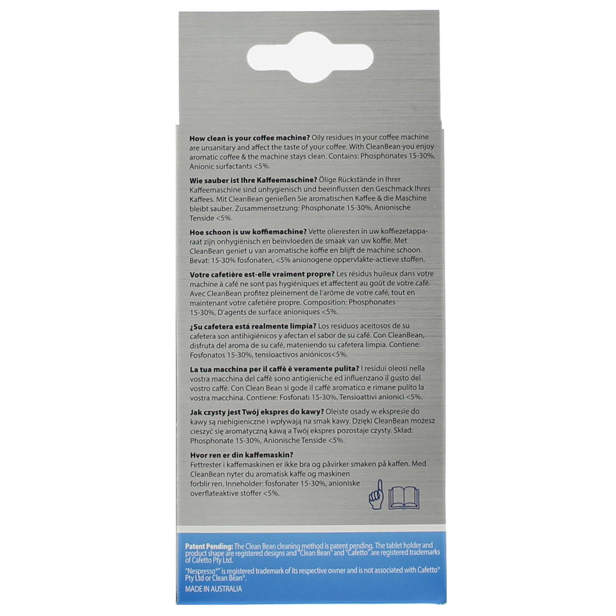 Product packaging with text in multiple languages, white background.