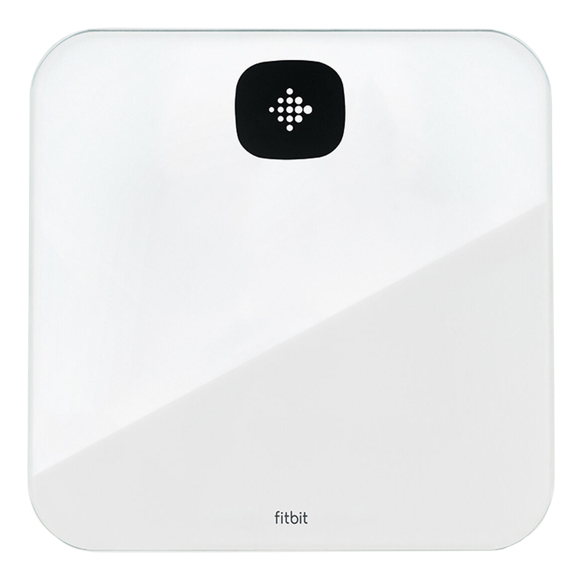 Une balance connectée blanche avec un carré noir et le logo Fitbit.