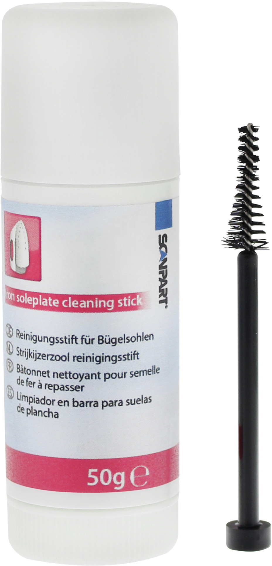 Un bâton de nettoyage blanc et une brosse noire pour nettoyer les semelles. Le bâton de nettoyage est étiqueté.