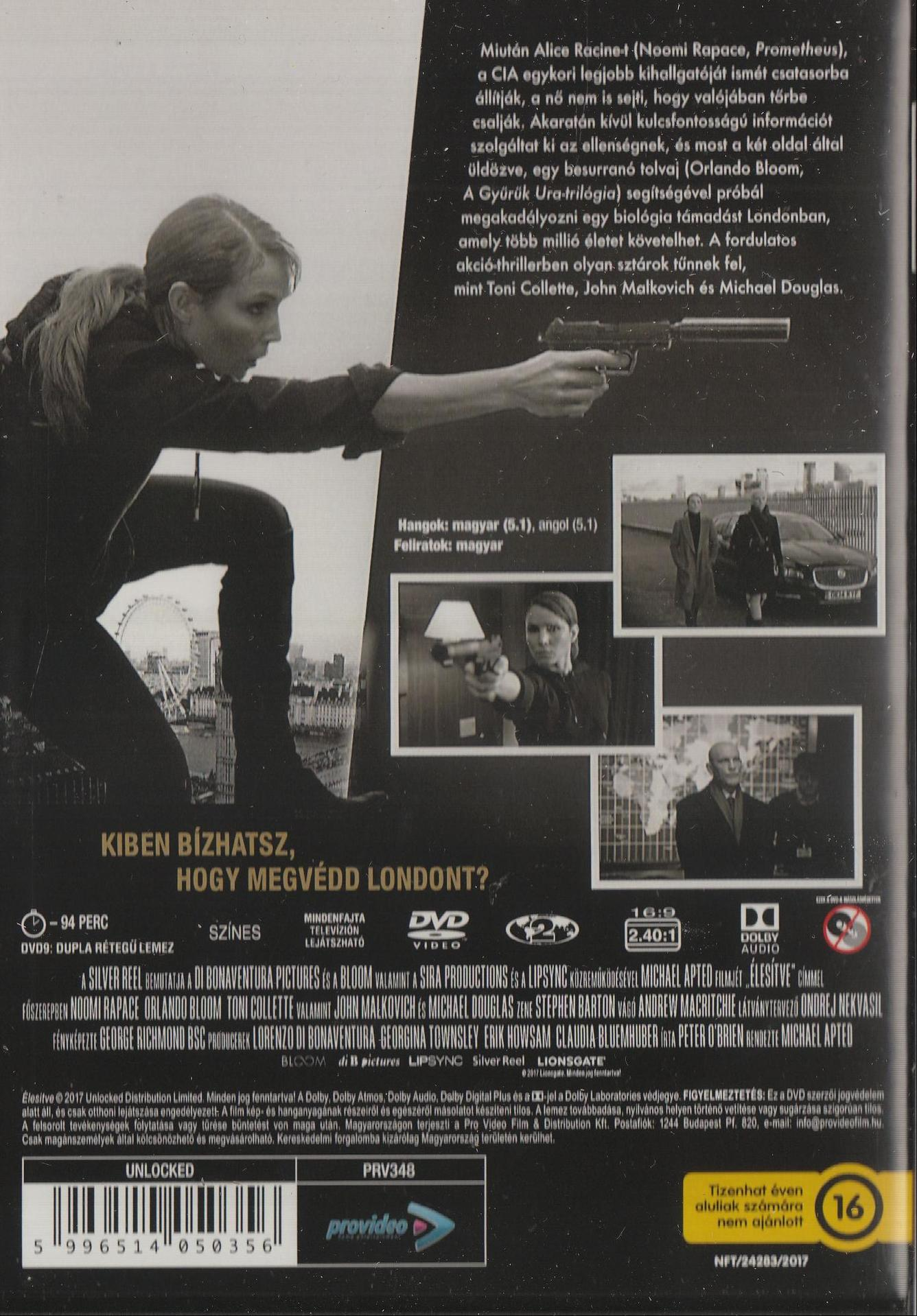 DVD-borító egy filmből, egy nőt ábrázol fegyverrel, a "Unlocked" címmel és egyéb részletekkel.