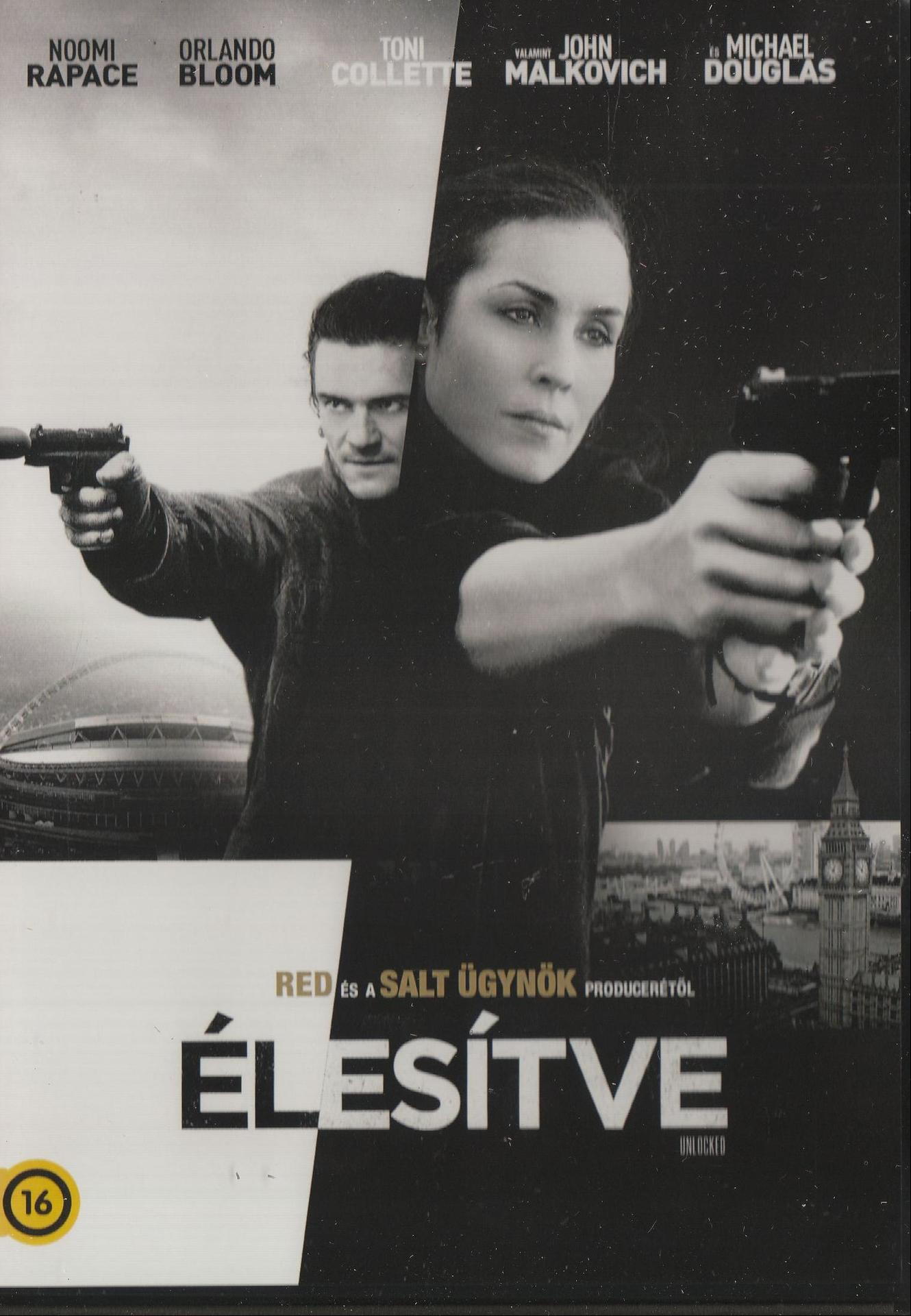 Filmplakát, két ember fegyvert tart, 'Unlocked' cím, Noomi Rapace és Orlando Bloom arcával.