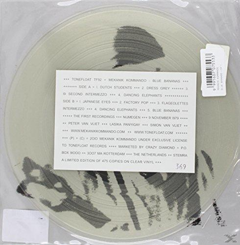 Eine transparente Vinyl-Schallplatte in einer Plastikhülle, mit weißem Etikett und Text.