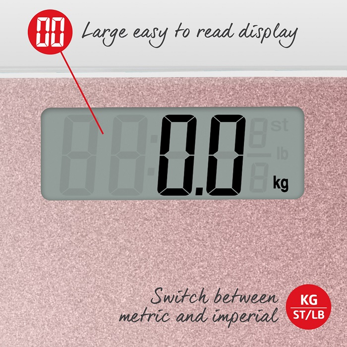 Digitális mérleg, 0,0 kg-ot mutat. Rózsaszín háttér, kijelzővel és KG/ST/LB opcióval.