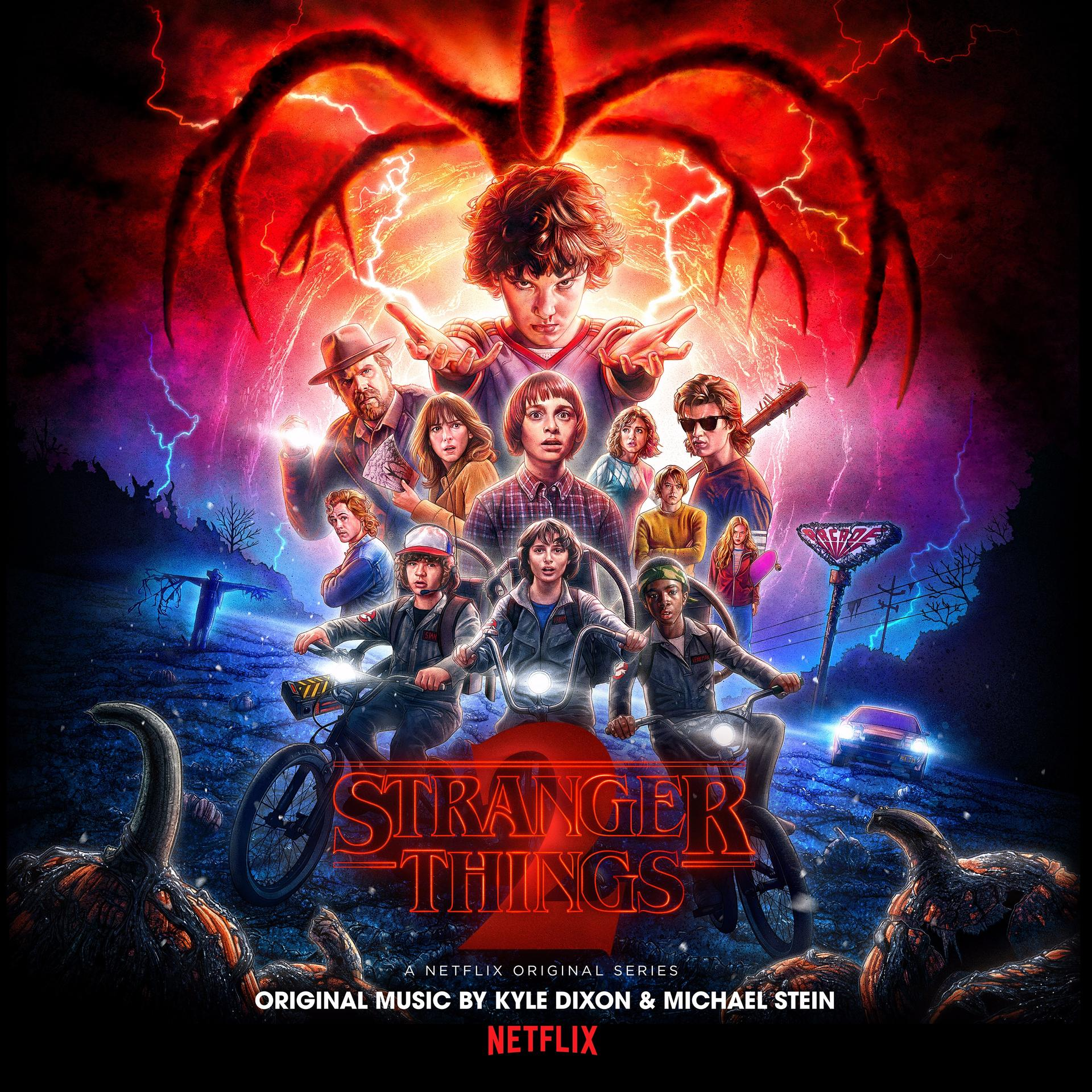Stranger Things-Poster. Gruppe von Charakteren, Fahrrädern, Blitz und einer Kreatur.