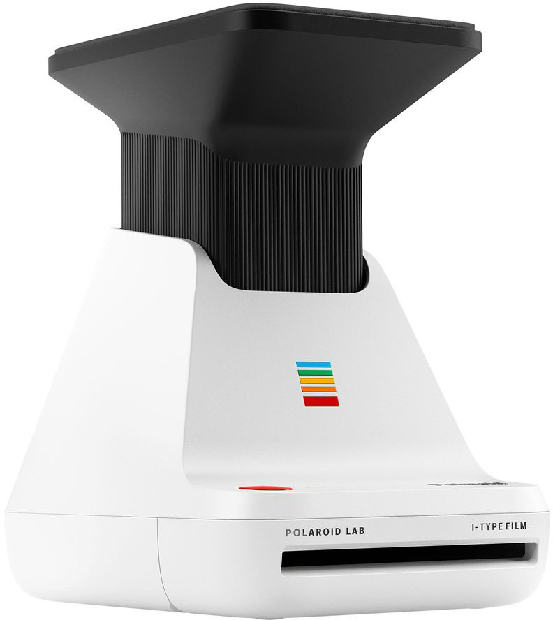 Witte Polaroid Lab met zwarte bovenkant. Rode knop en gekleurde strepen aan de voorkant.