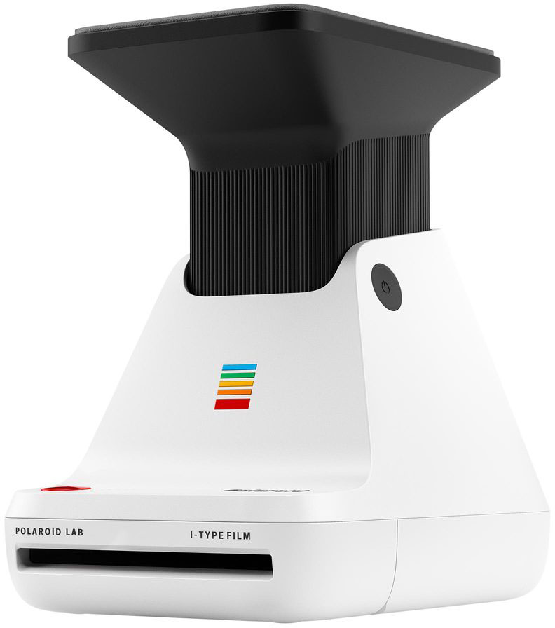 Een witte Polaroid Lab met een zwarte bovenkant en het Polaroid-logo.