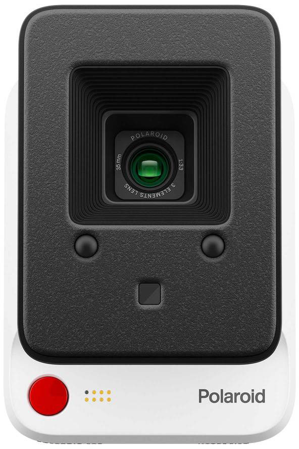 Close-up van een zwart-witte Polaroid camera, lens en rode knop zichtbaar.