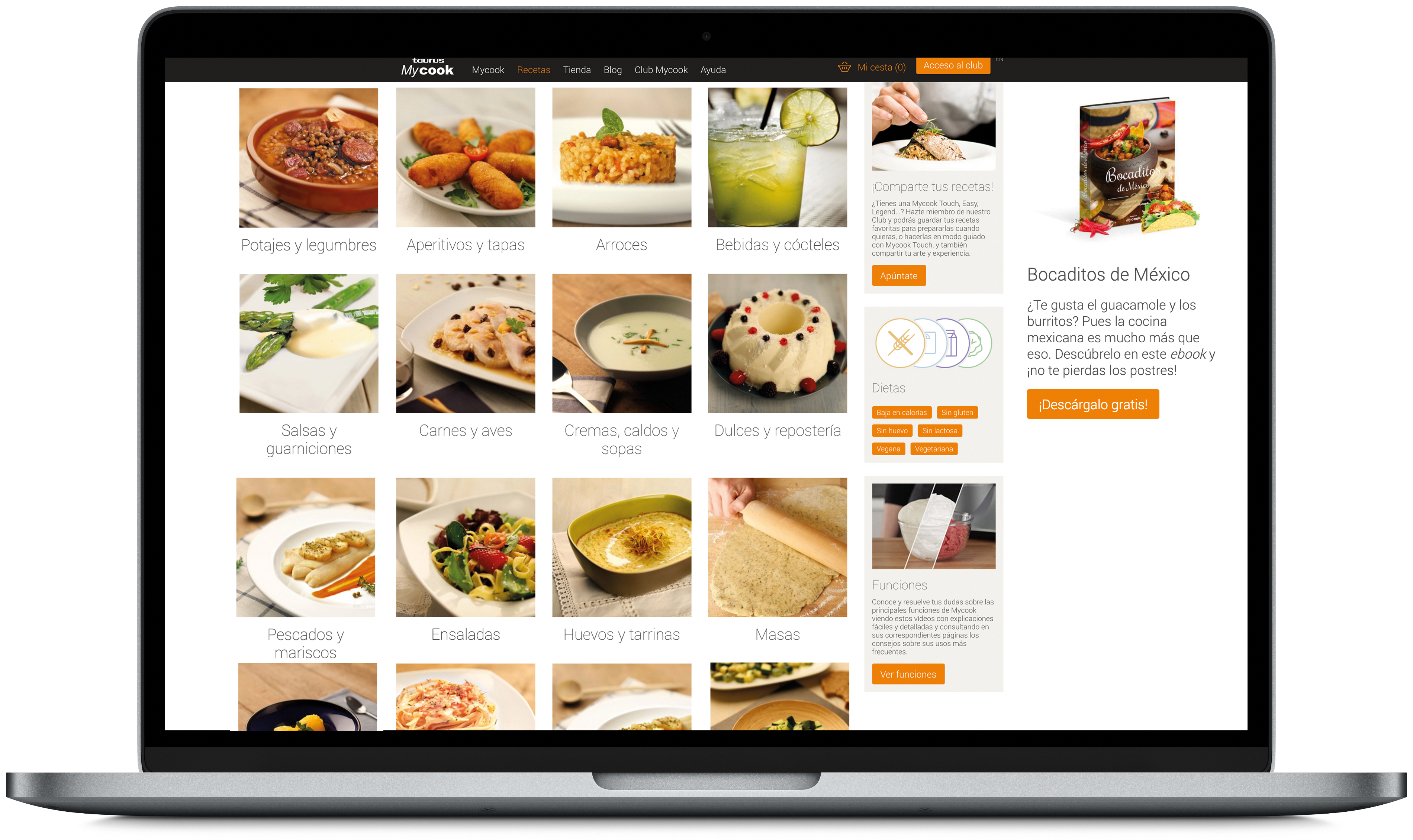Un portátil que muestra un sitio web Mycook con varias imágenes de comida y recetas.